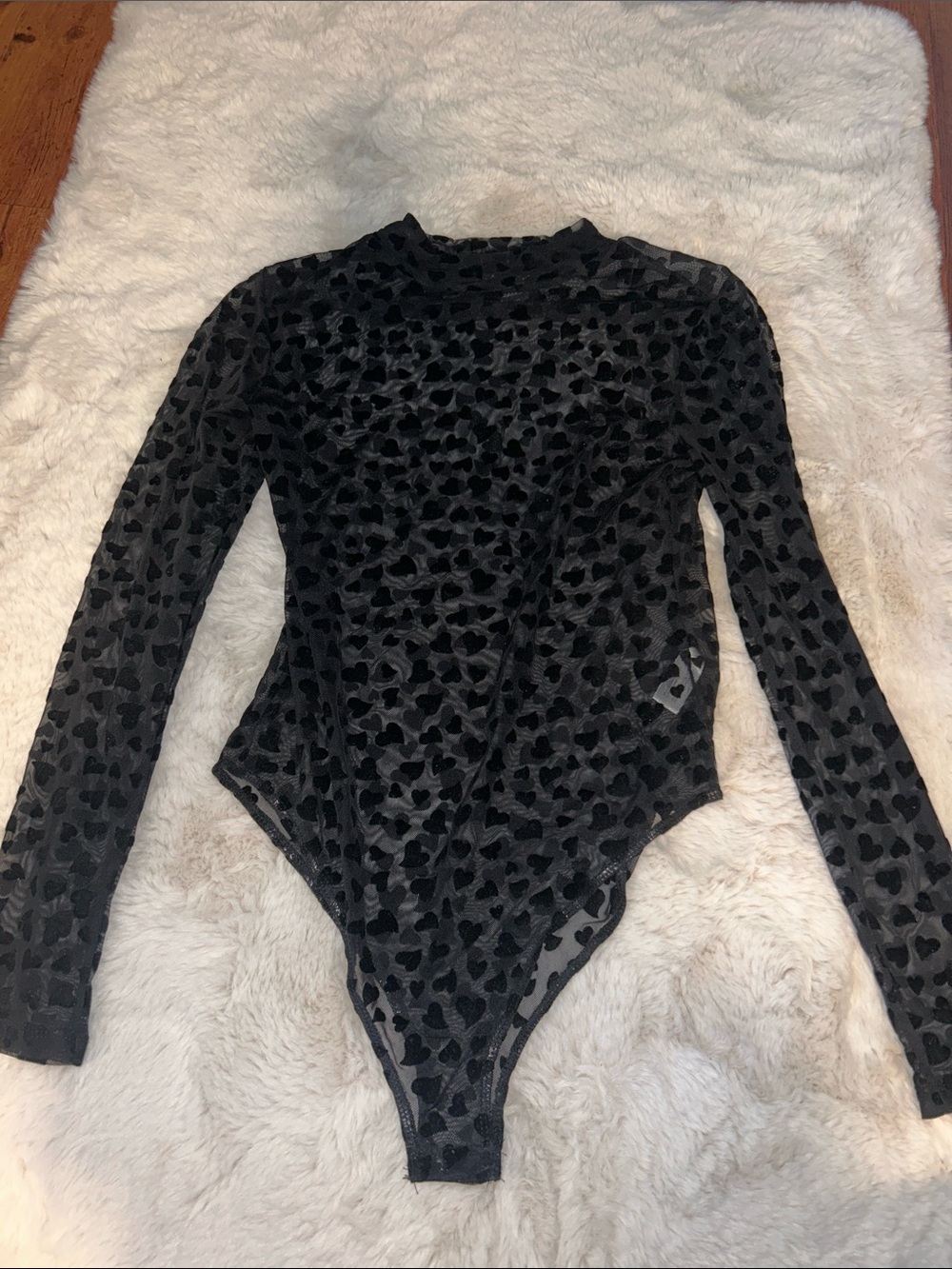 Black Heart-Print Long Sleeve Velvet Bodysuit